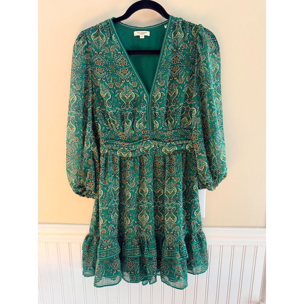Max Studio London Green Paisley Smocked Waist Tiered Mini Dress Size S